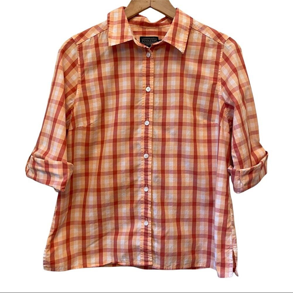 Pendleton Plaid Button Front Shirt Womens Medium Peach Pink Tones